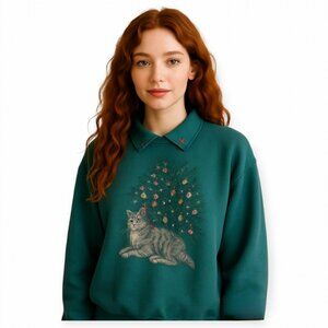 Vintage 90s Northern Treasures Cat Christmas Tree Collared Sweatshirt Green S